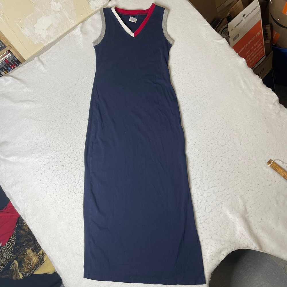 Tommy Jeans Maxi Dress Women Small Navy Blue V-Neck Sleeveless Cotton Side Slit